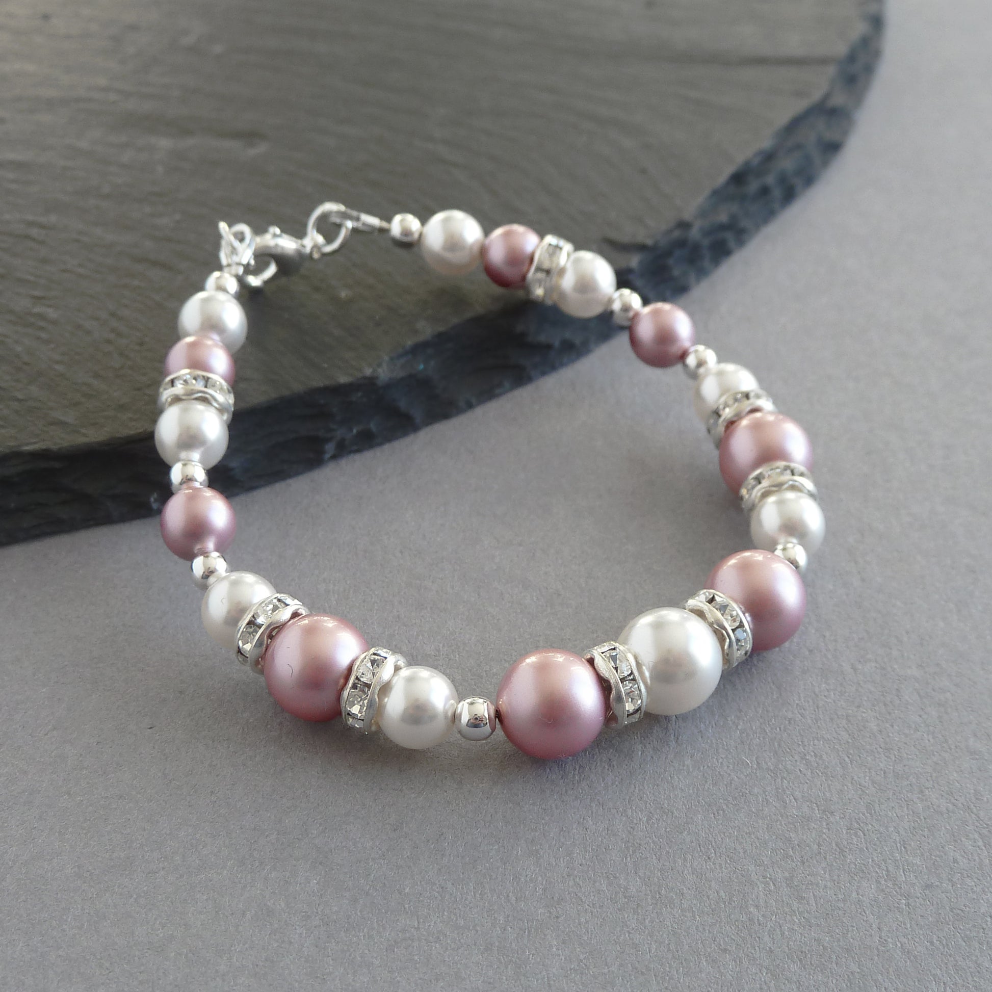 Dusky pink pearl and crystal bracelets