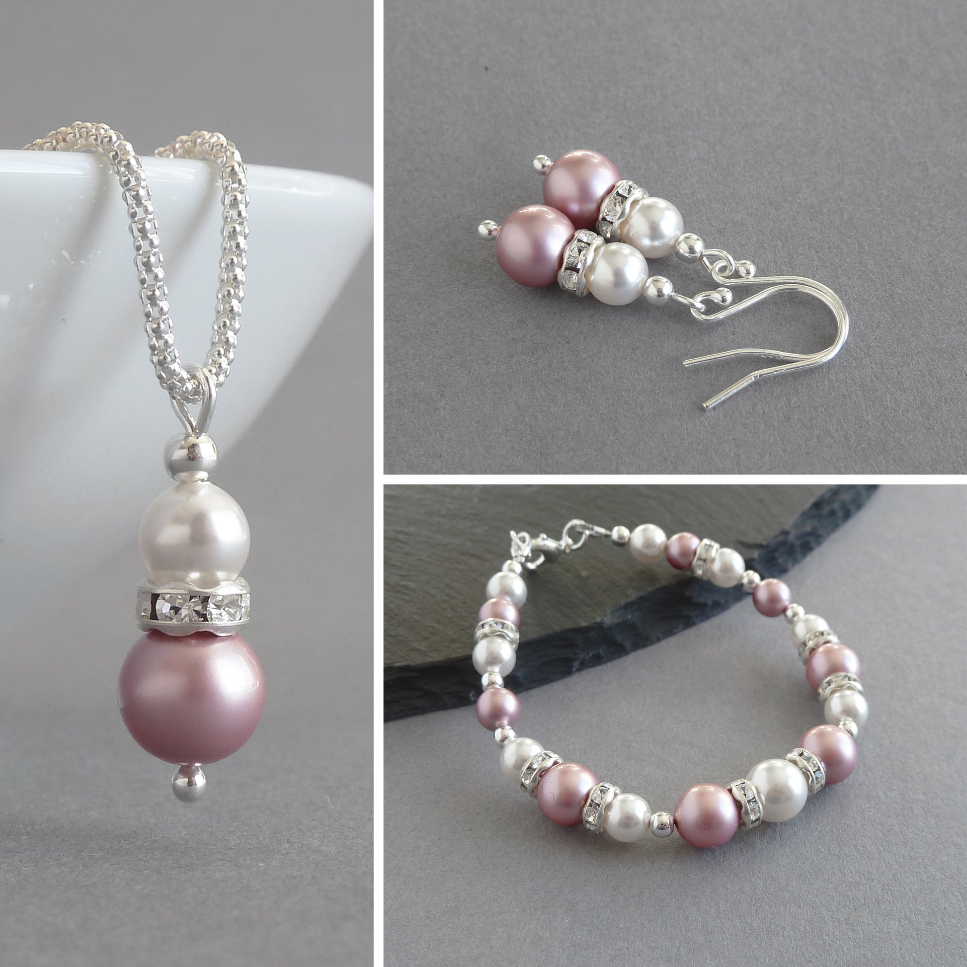 Dusky pink pearl and crystal jewellery set by Anna King