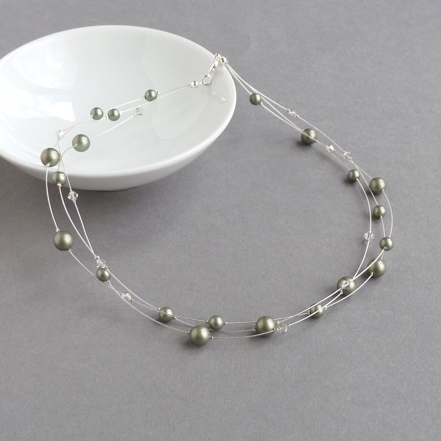 Dusty green floating pearl necklace