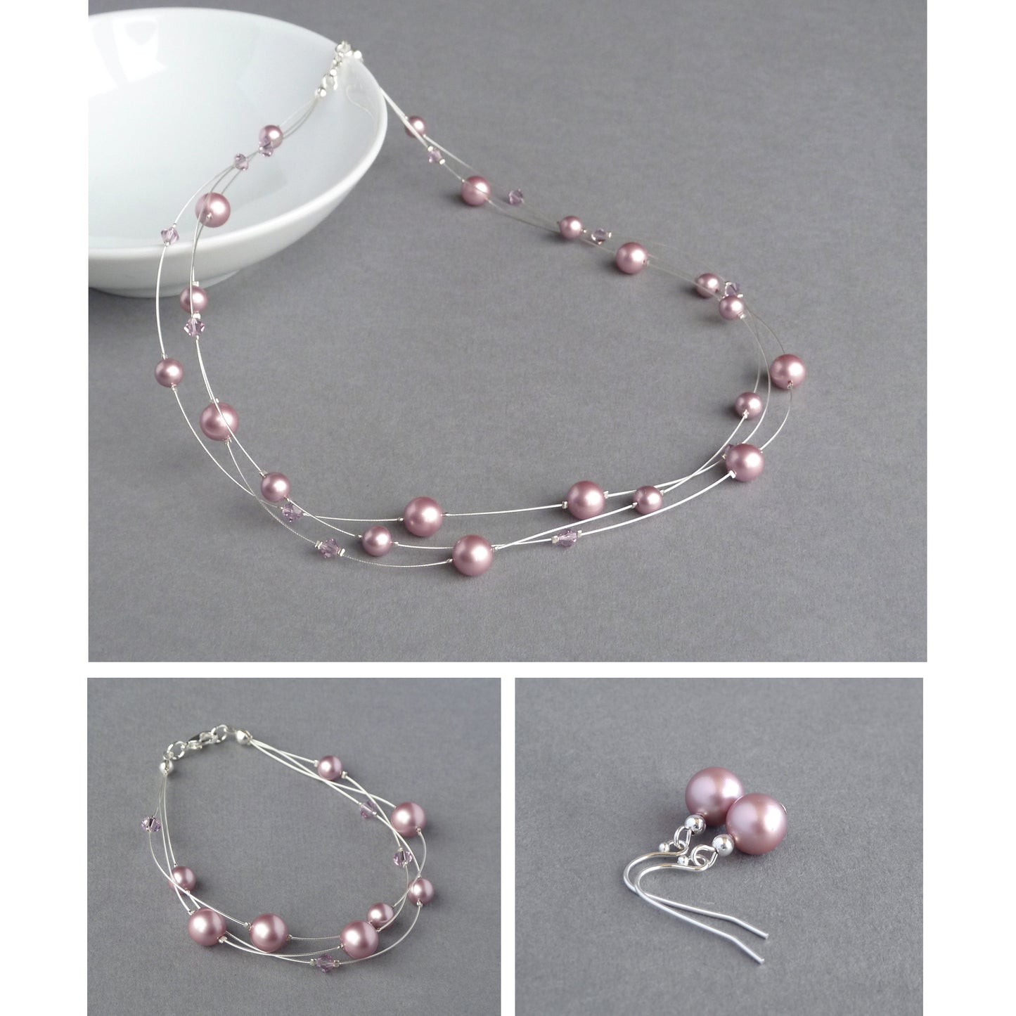 Dusty pink floating pearl jewellery set by Anna King Jewellery