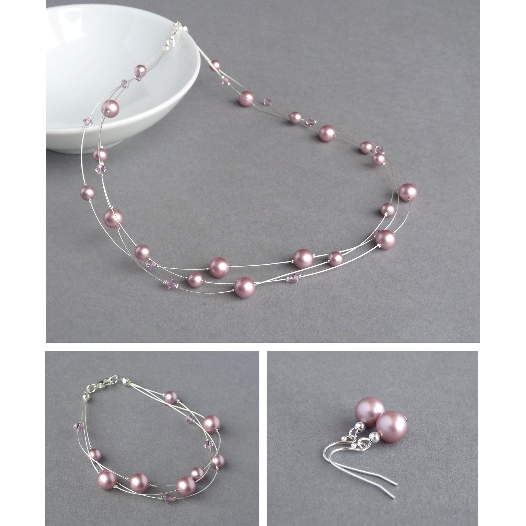 Dusty pink floating pearl jewellery set
