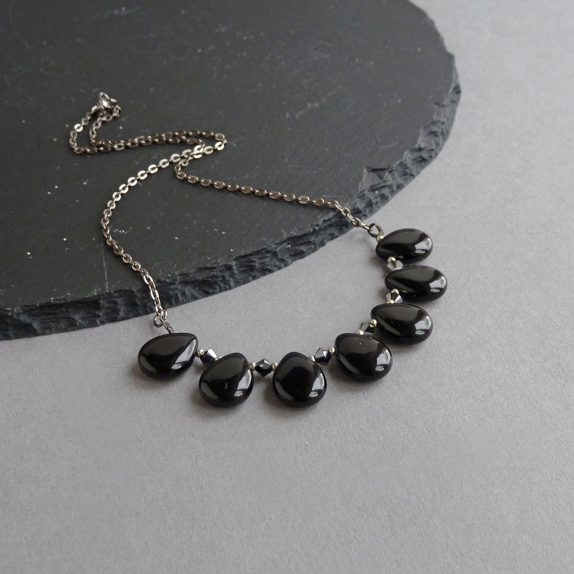 Jet black fan necklace