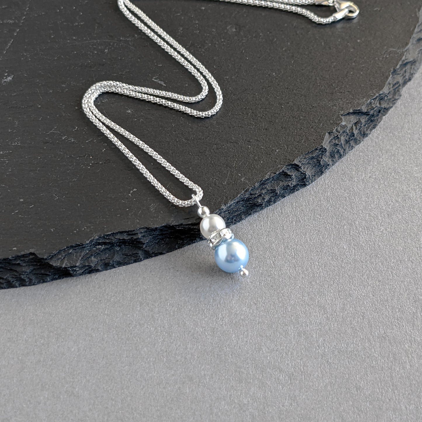 Light blue pearl and crystal drop necklace