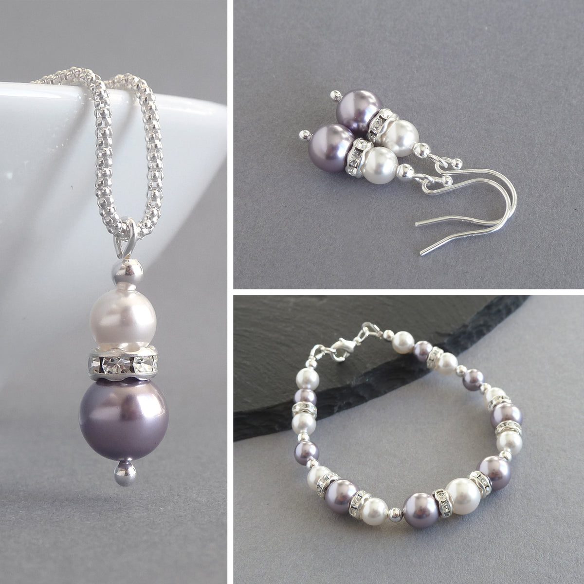Three-piece jewellery set including a lilac and white pearl pendant hanging from a Sterling silver chain, a beaded bracelet with lilac and white pearls separated by small clear rhinestone spacers and matching earrings.