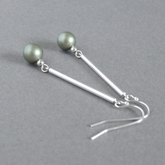 Long Sage Green Pearl and Sterling Silver Bar Dangle Earrings - Dainty Dusty Olive Dangle Earrings