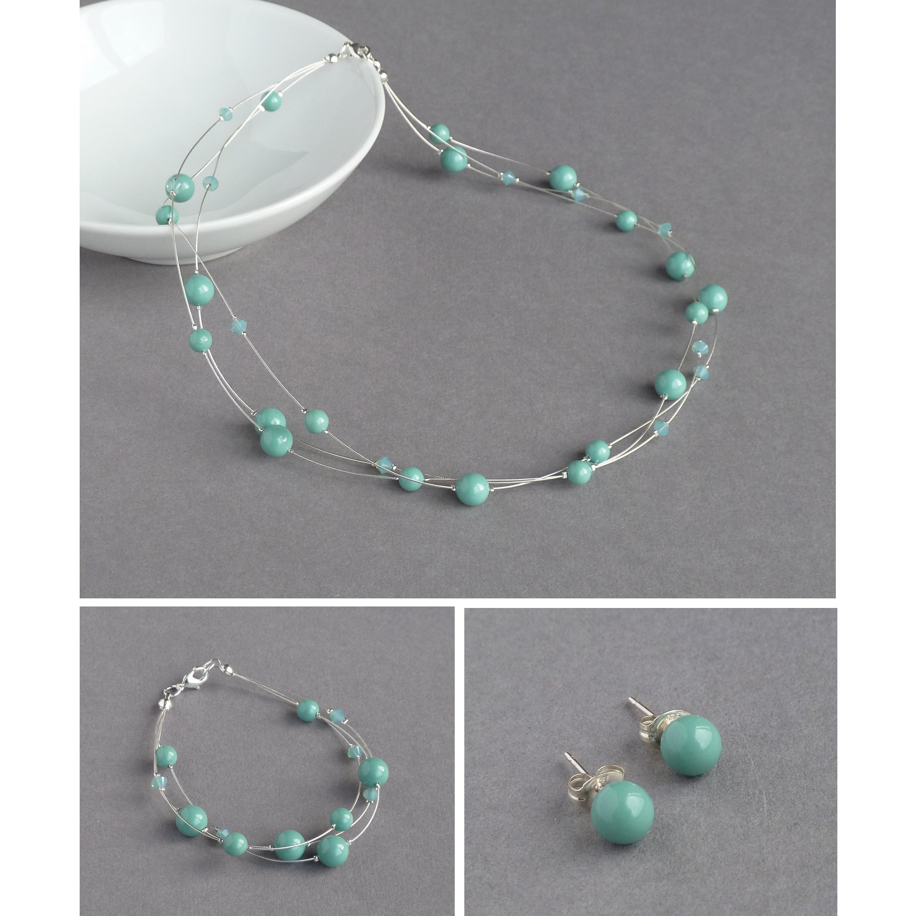 Mint floating pearl jewellery set by Anna King Jewellery