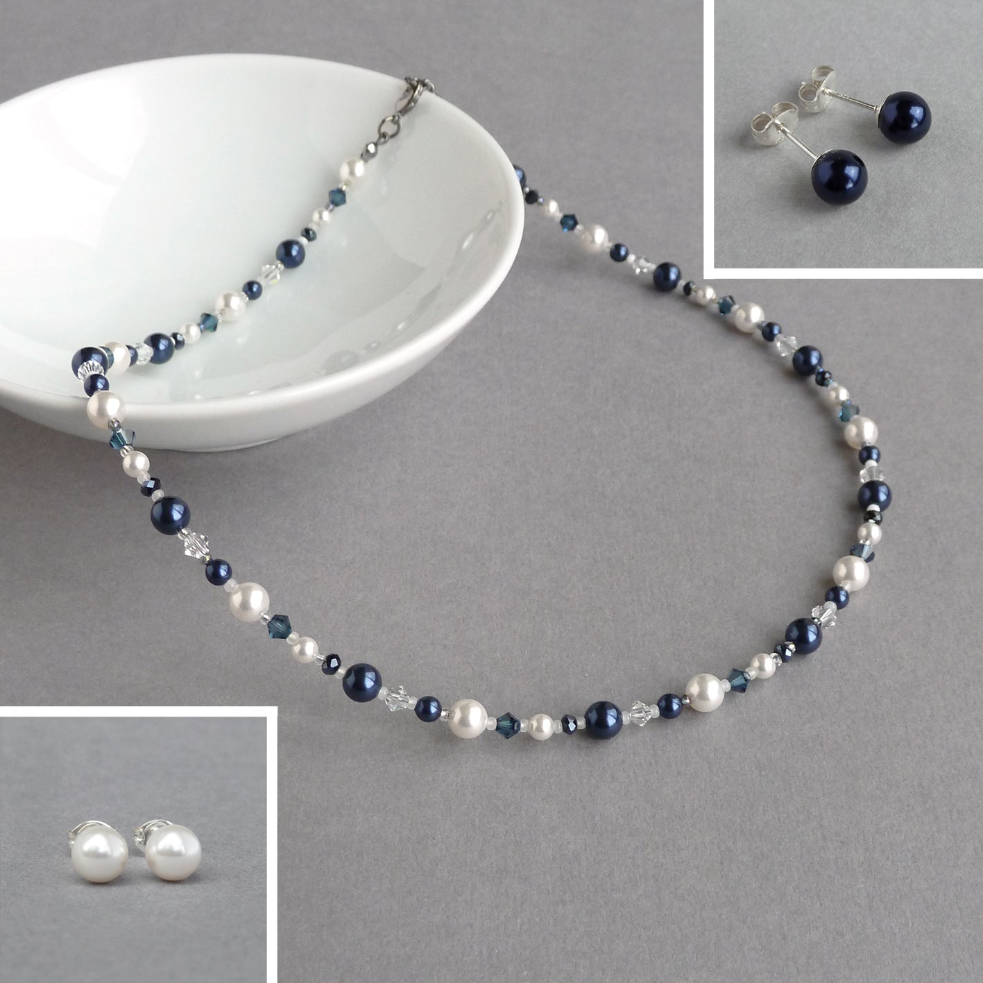 Navy and white pearl jewellery set