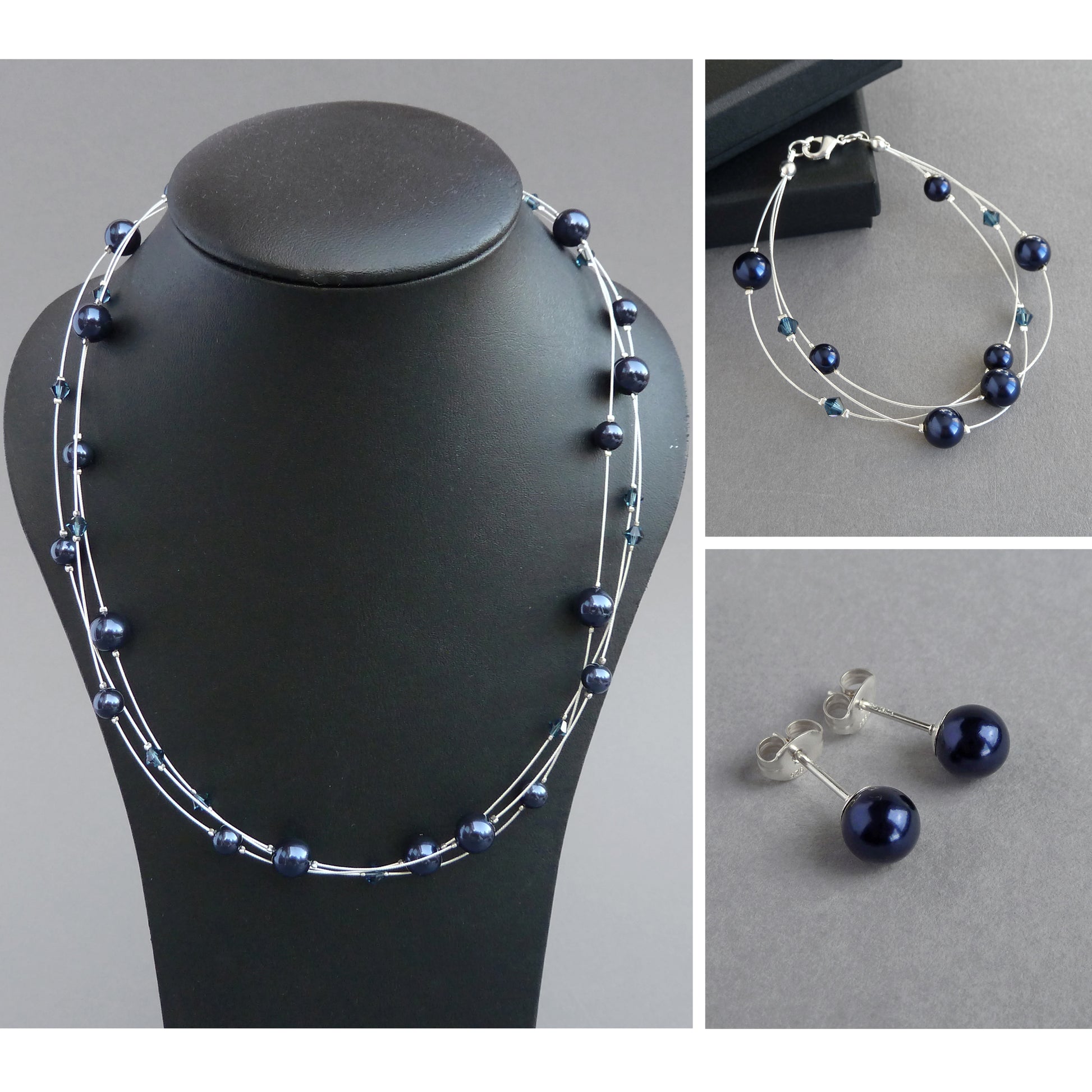 Navy blue floating pearl jewellery set by Anna King Jewellery