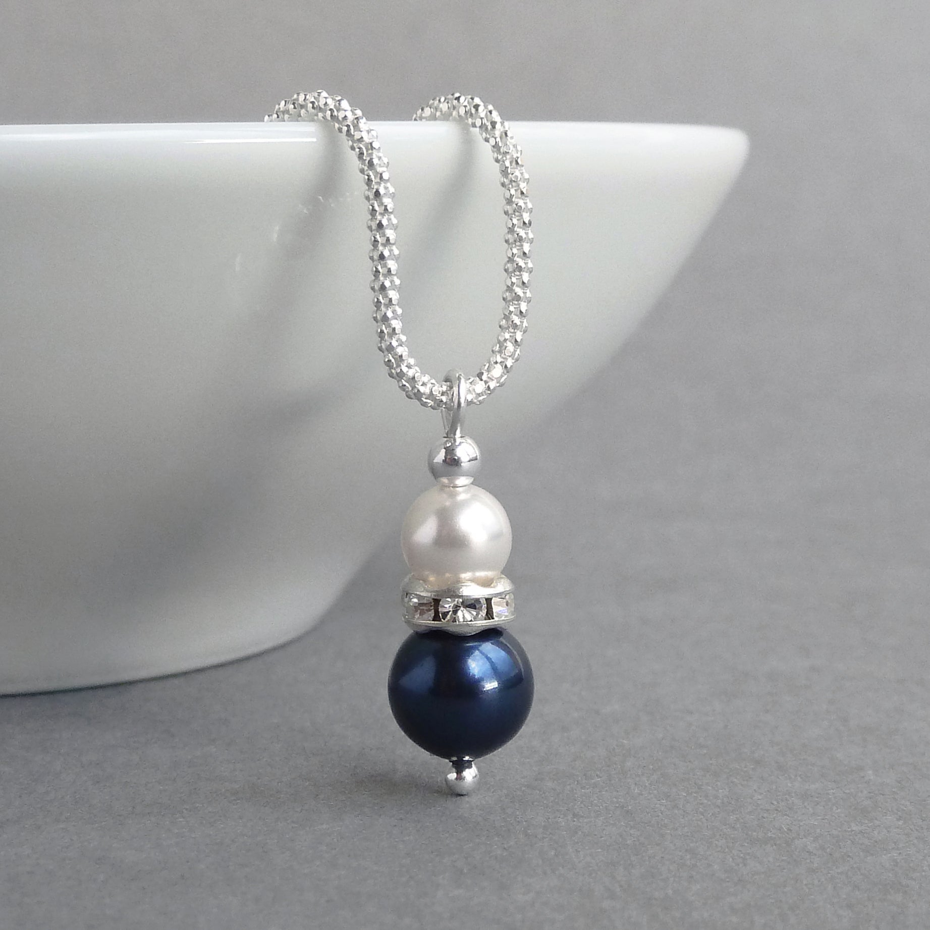Navy blue pearl and crystal drop necklace