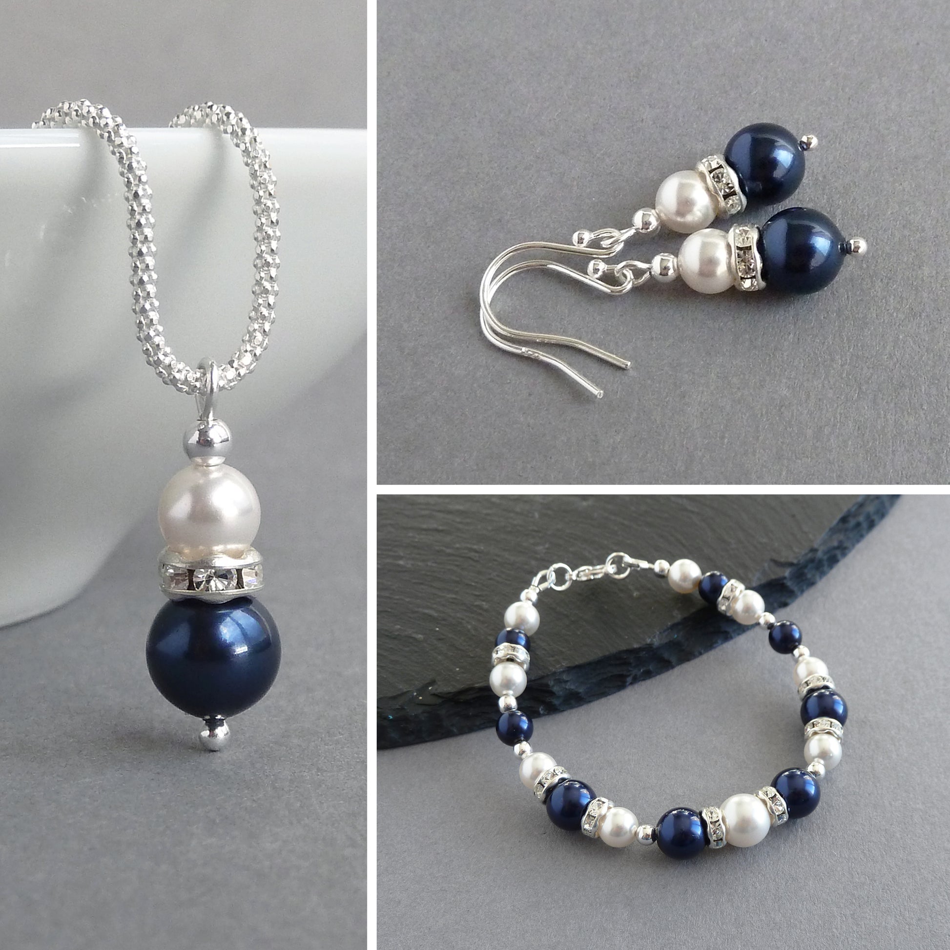 Navy blue pearl and crystal jewellery set by Anna King Jewellery