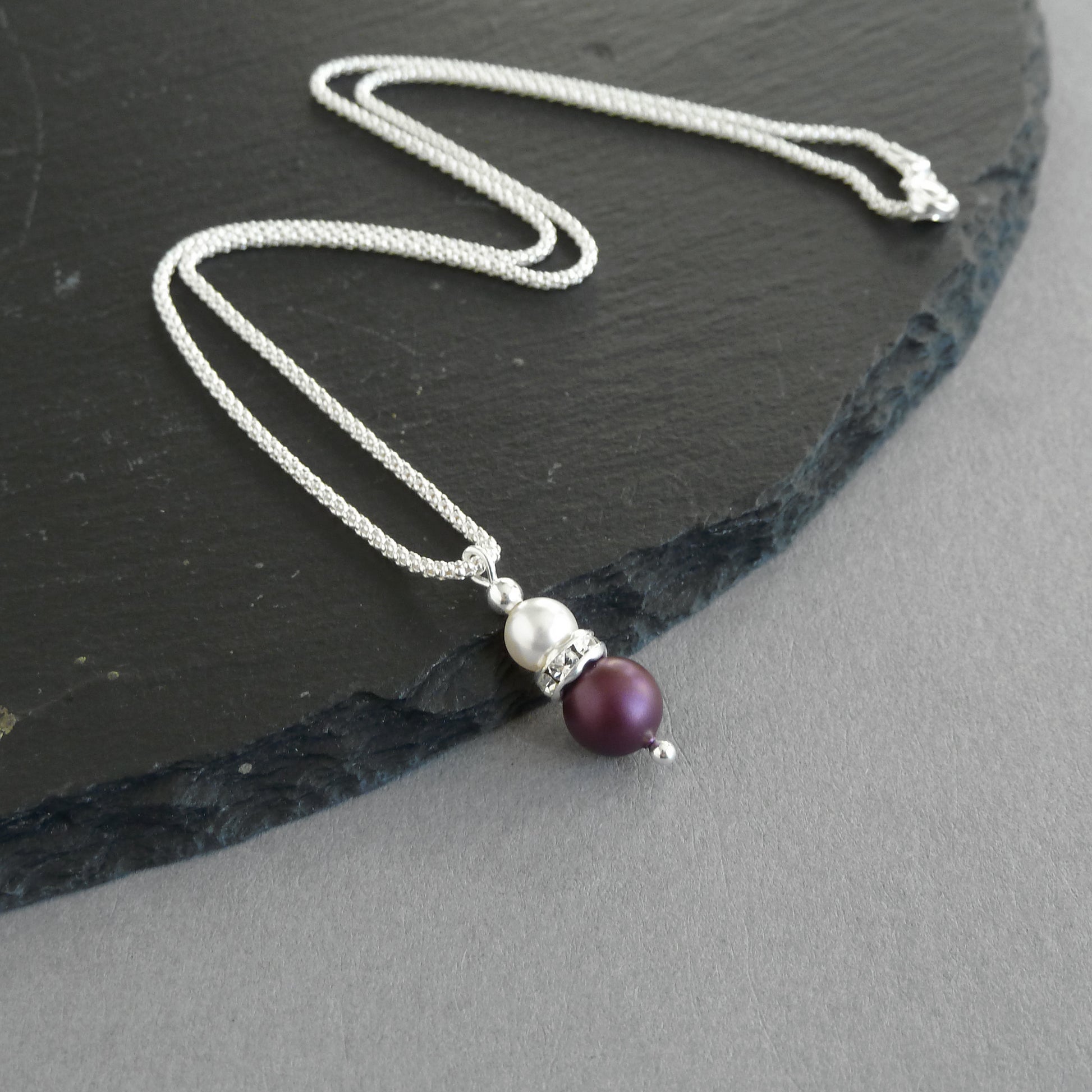 Plum pearl and crystal drop necklace