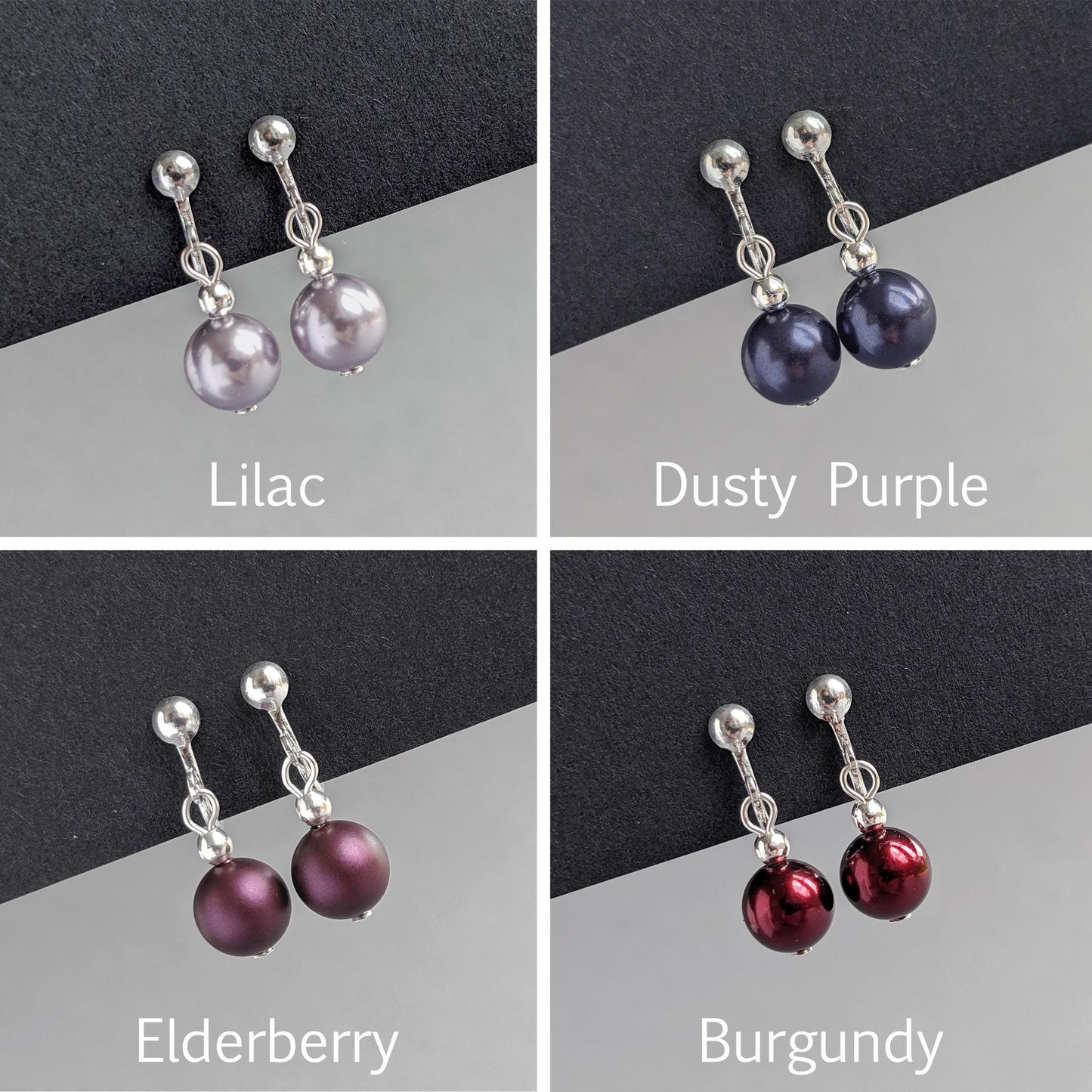 Pearl drop clip-on earrings in a range of purple and dark red shades