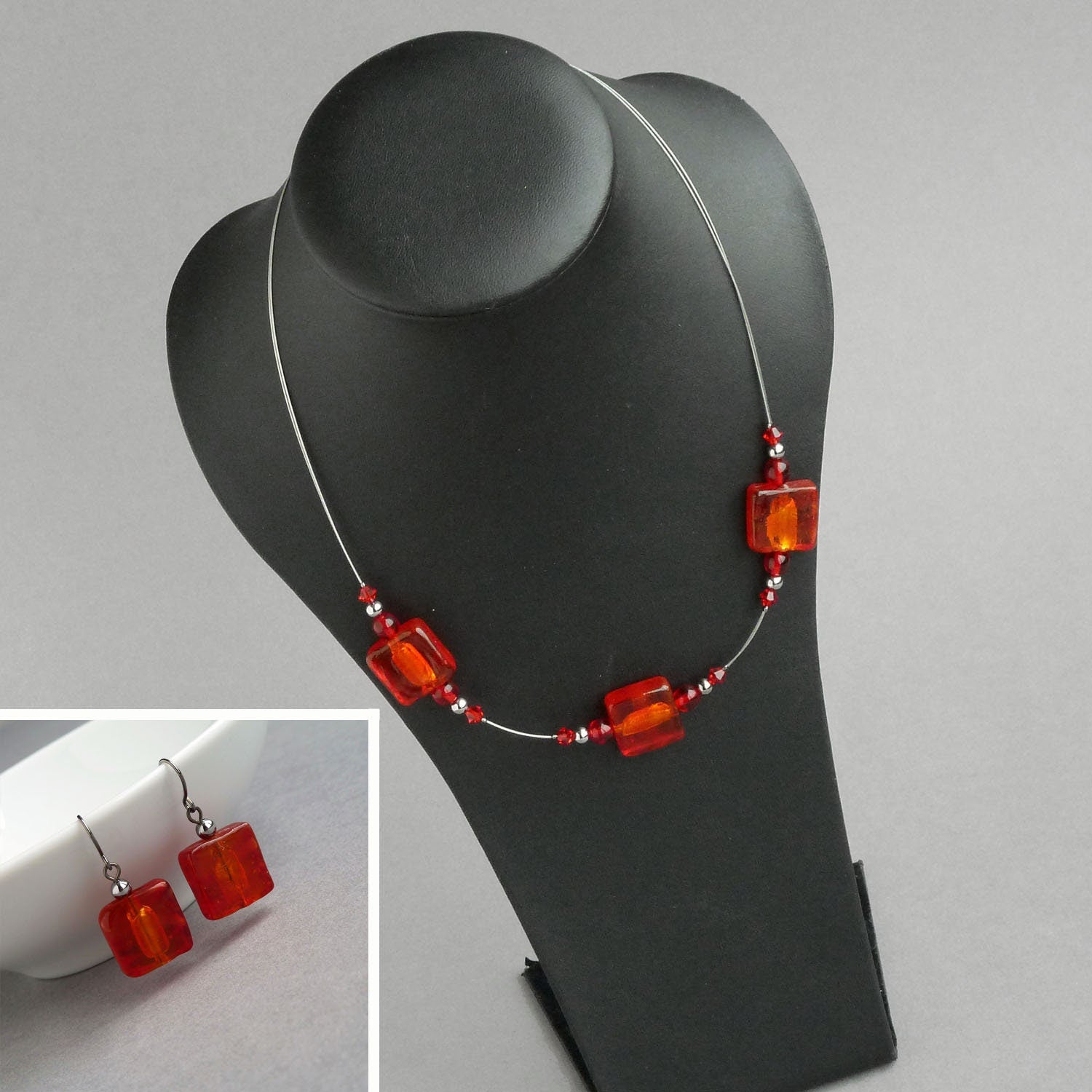 Red fused glass jewellery set