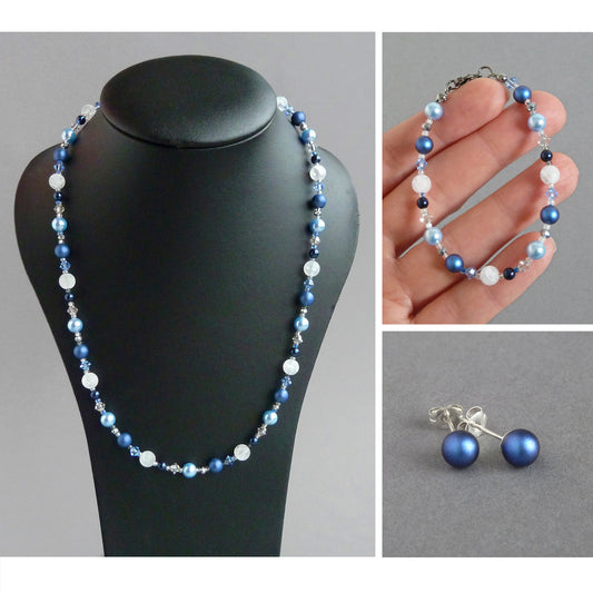 Royal blue pearl jewellery set - Single strand necklace, bracelet and earring set.