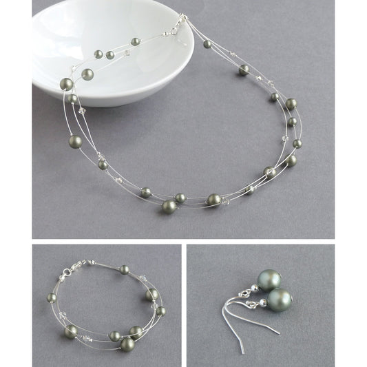 Sage green floating pearl jewellery set