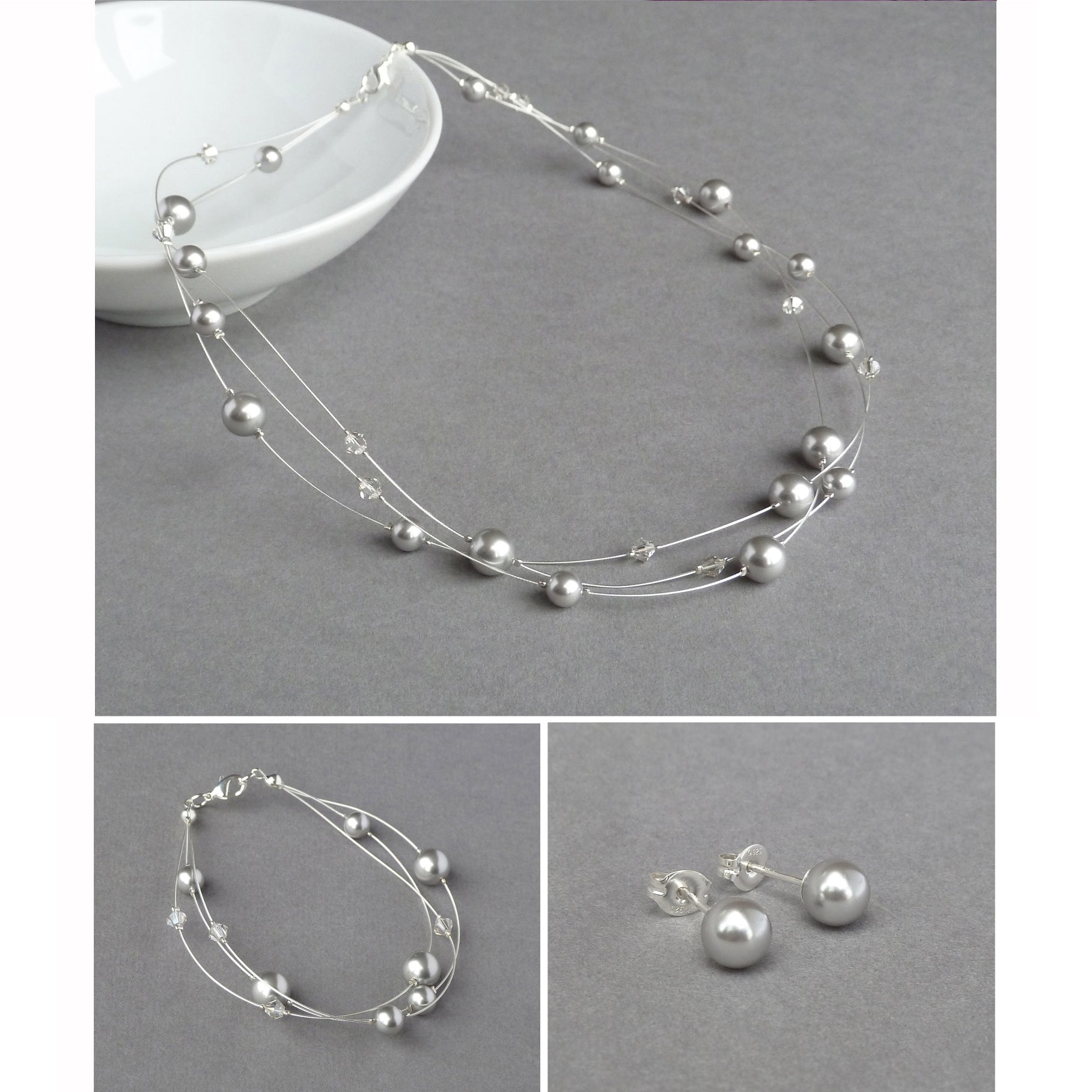 Silver grey floating pearl jewellery set by Anna King Jewellery