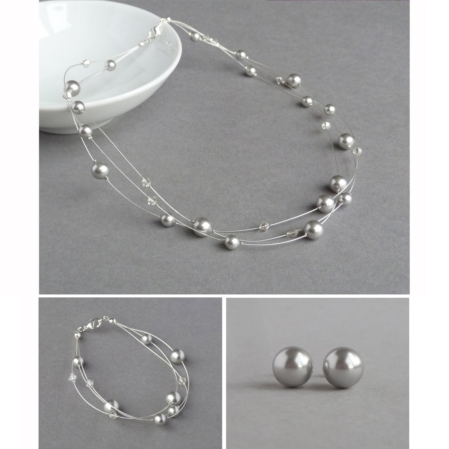 Silver grey floating pearl jewellery set by Anna King Jewellery