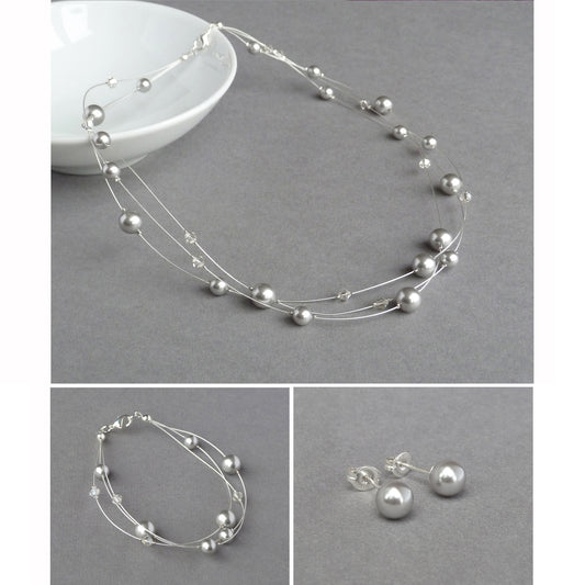 Silver grey floating pearl jewellery set