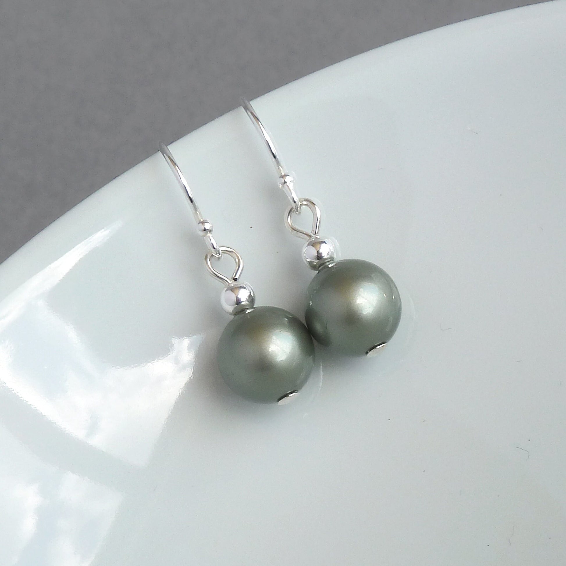 Simple olive green pearl earrings