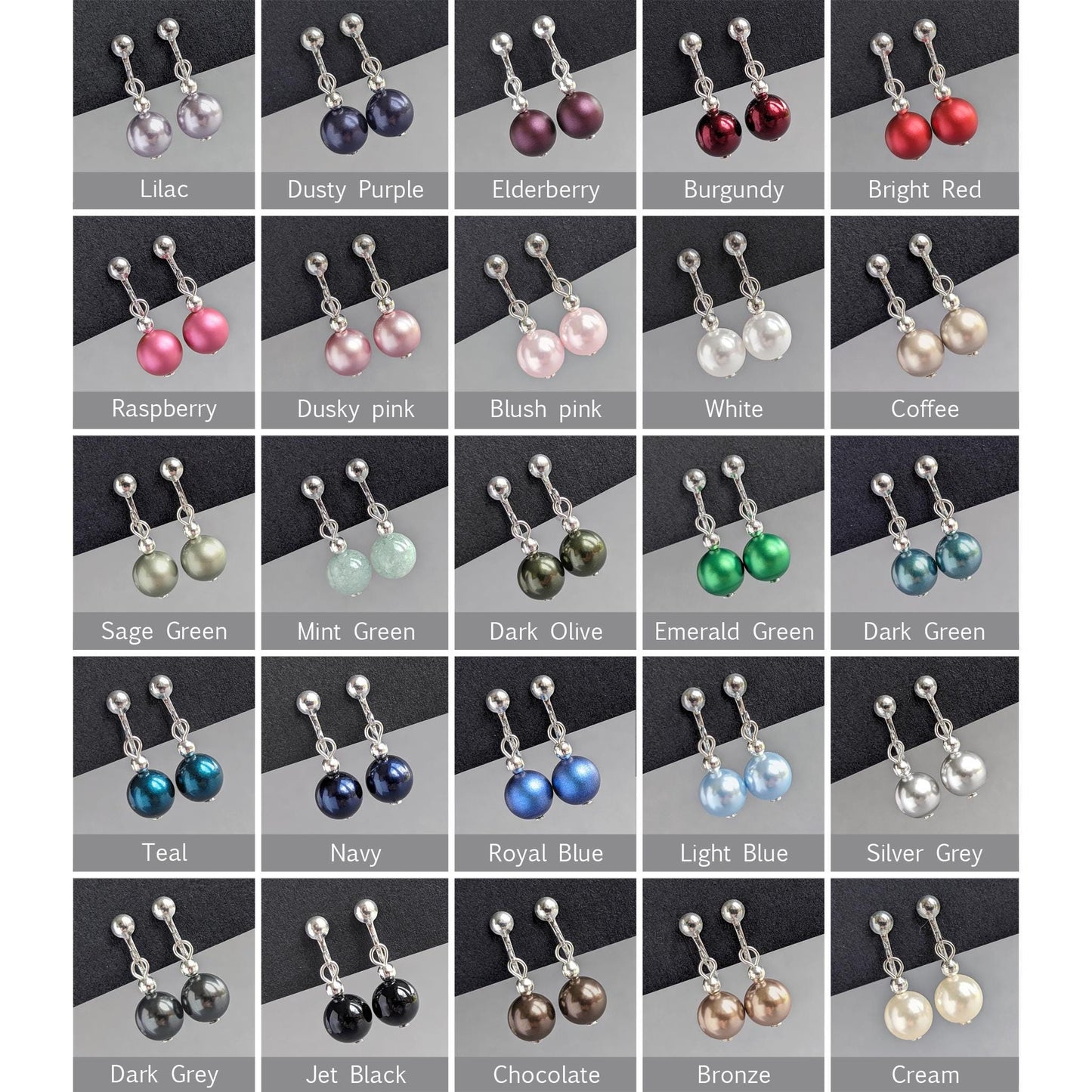 Simple, pearl drop, clip-on earrings in a range of pearl colours