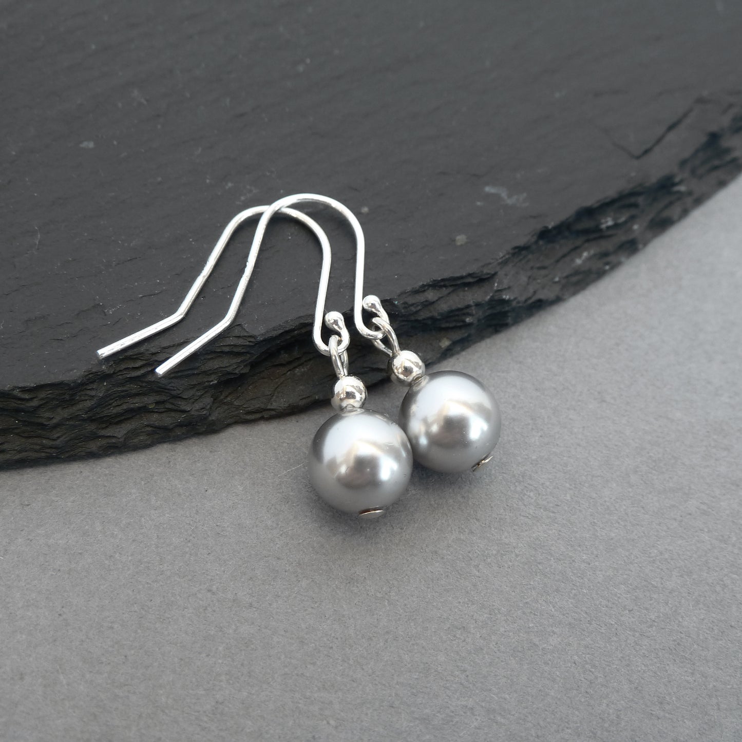 Simple silver grey pearl drop earrings