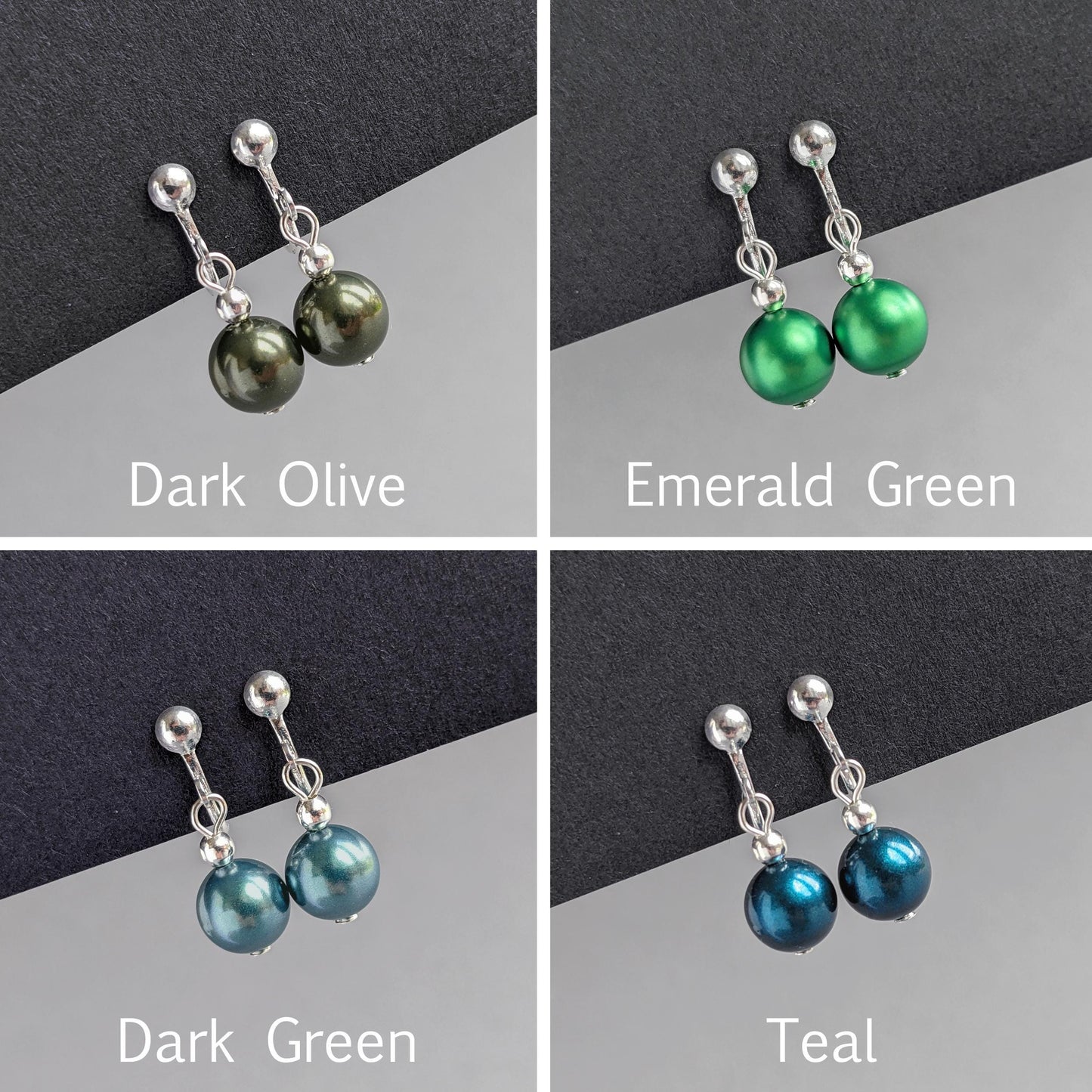 Simple, pearl, clip-on earrings in a range of green and teal shades