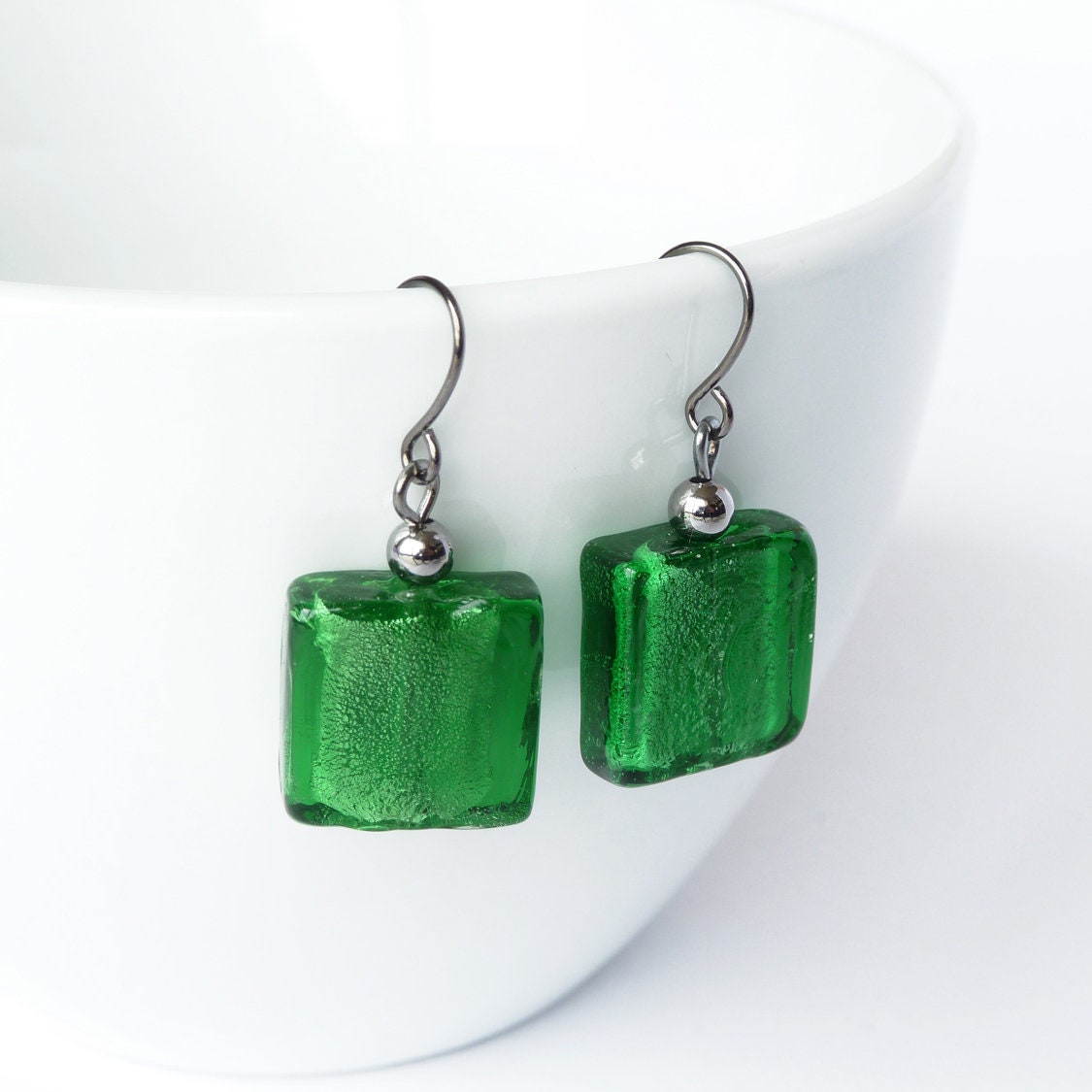 Square bottle green earrings