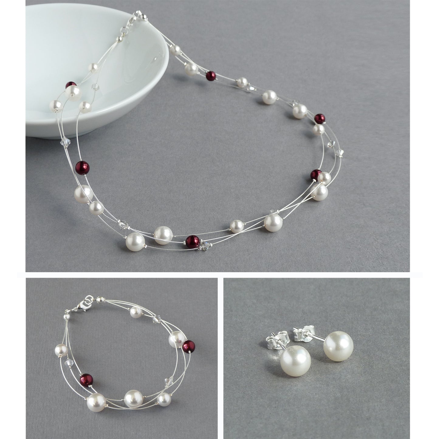 White and burgundy floating pearl jewellery set by Anna King Jewellery