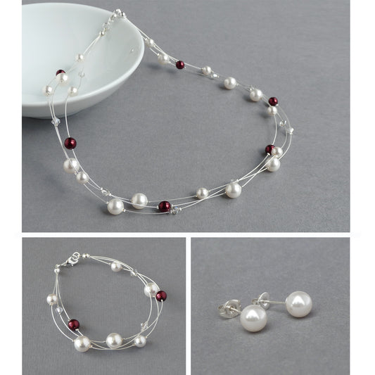White and burgundy floating pearl jewellery set