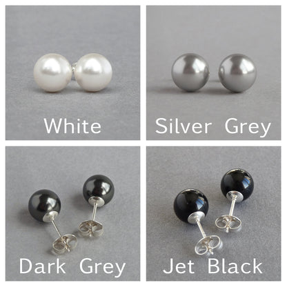 8mm glass pearl studs. Available in white, silver grey, dark grey and jet black.