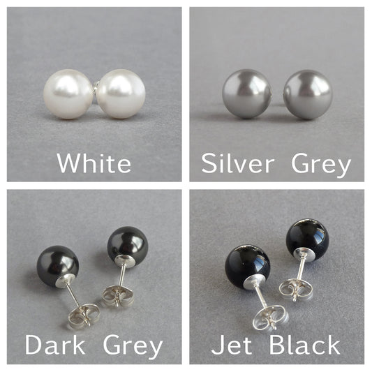 8mm glass pearl studs. Available in white, silver grey, dark grey and jet black.