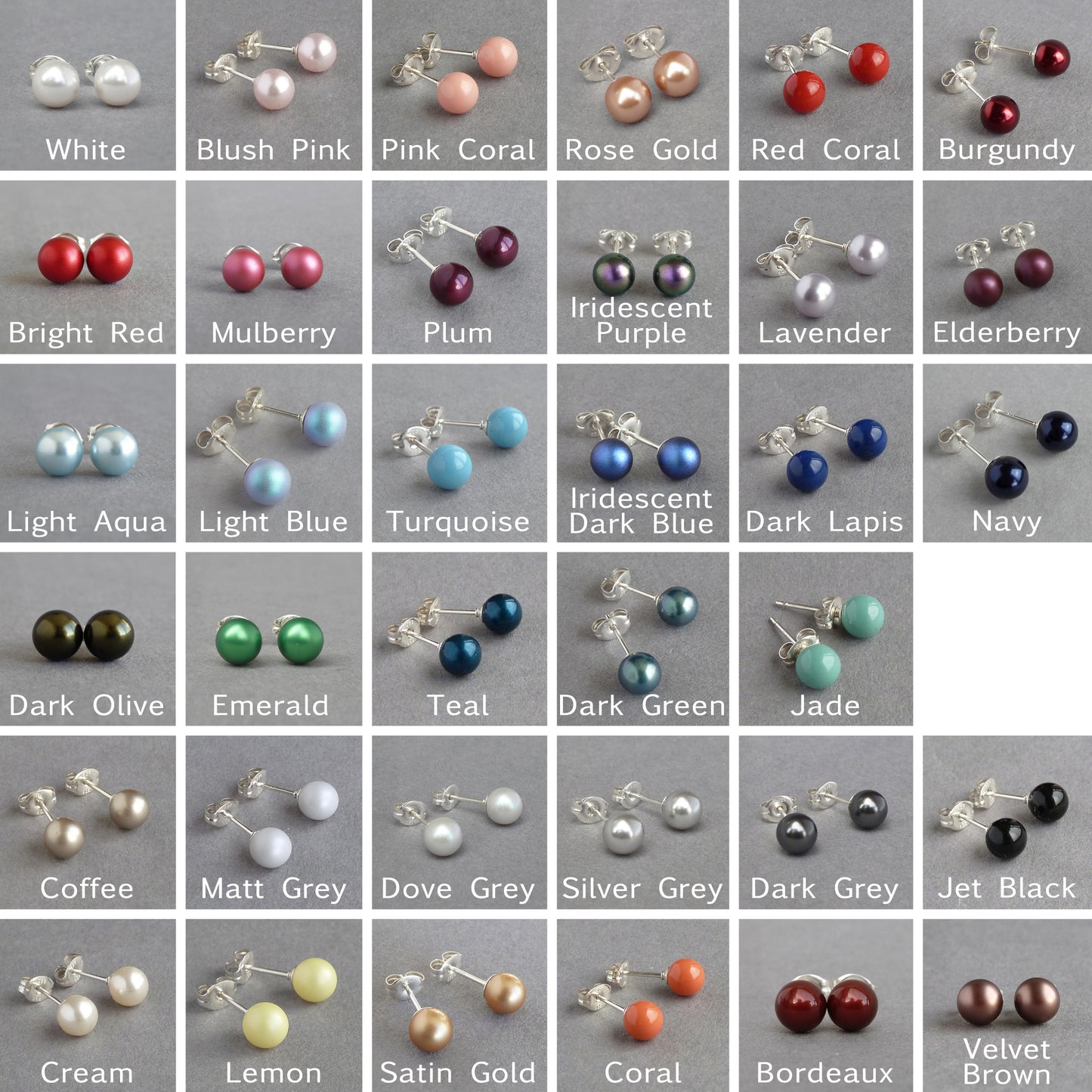 6mm coloured glass pearl stud earrings in a range of colours