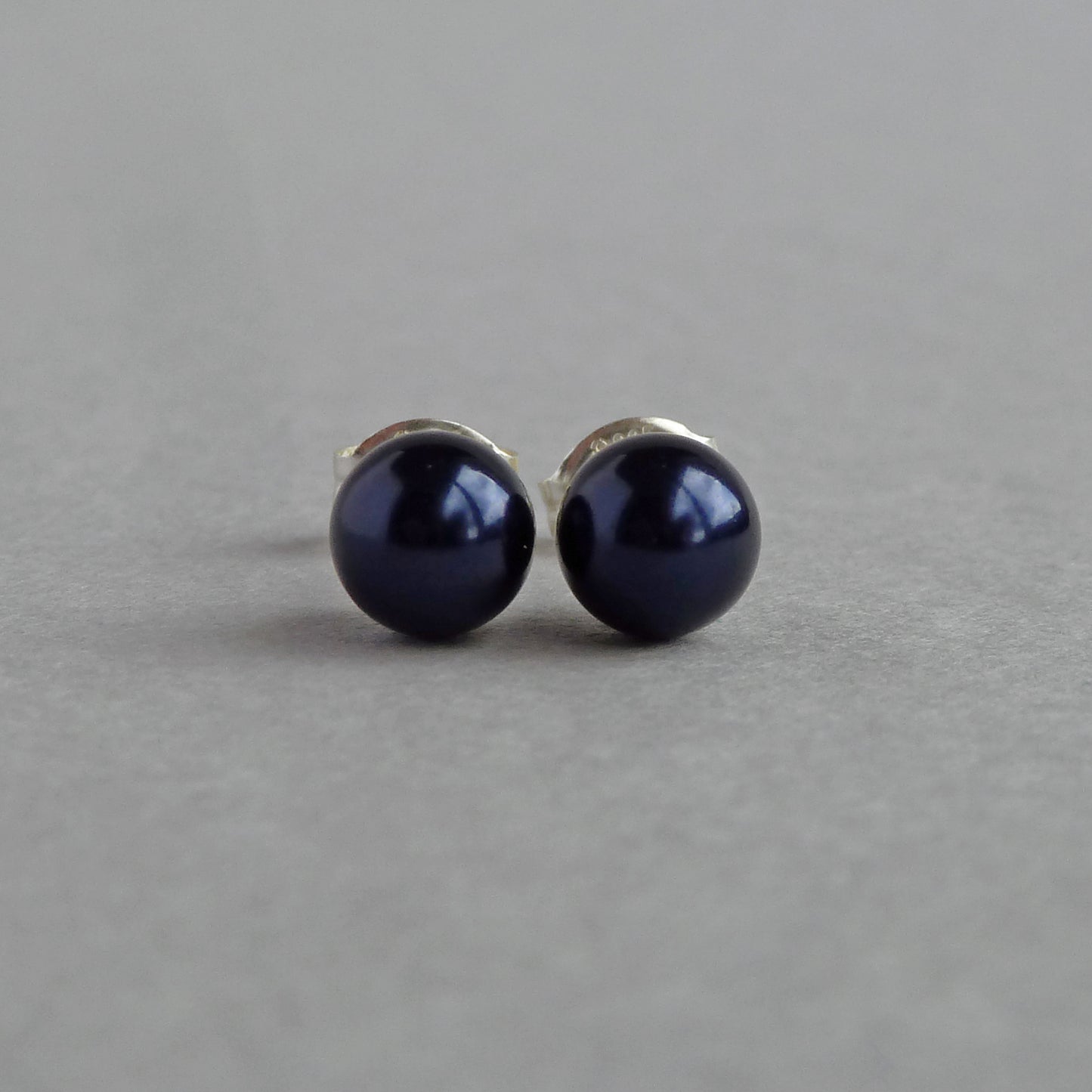 6mm Navy Pearl Stud Earrings - Small, Dark Blue, Glass Pearl Studs
