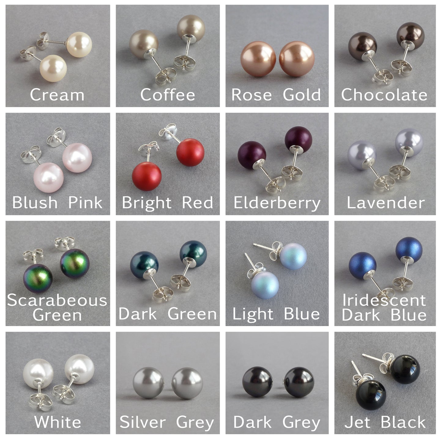 8mm Black Pearl Stud Earrings - Small, Dark Grey, Glass Pearl Studs
