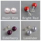 8mm glass pearl studs. Available in blush pink, bright red, elderberry and lavender.