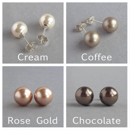8mm glass pearl studs. Available in cream, coffee, rose gold and chocolate pearl shades