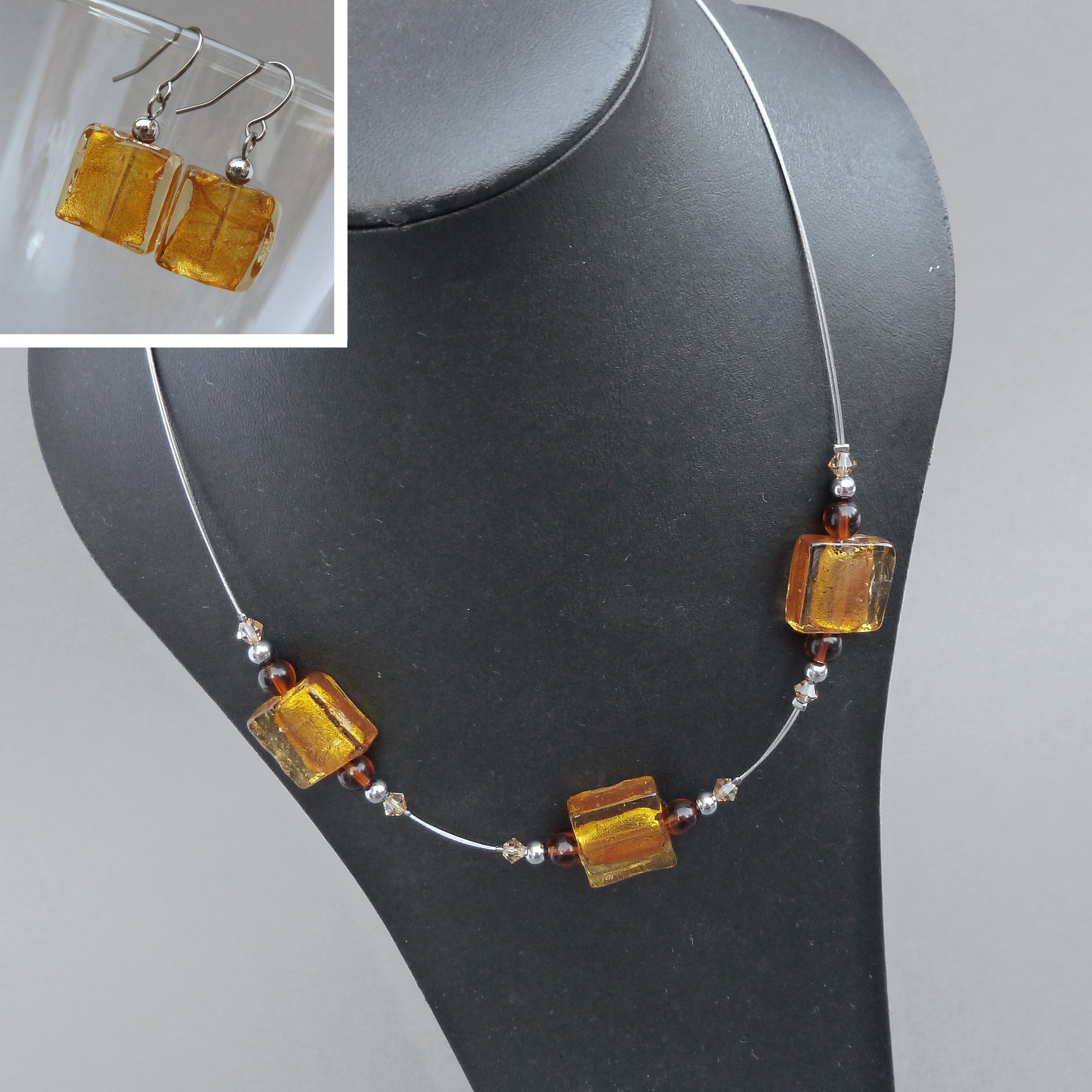 Amber fused glass necklace and earrings set