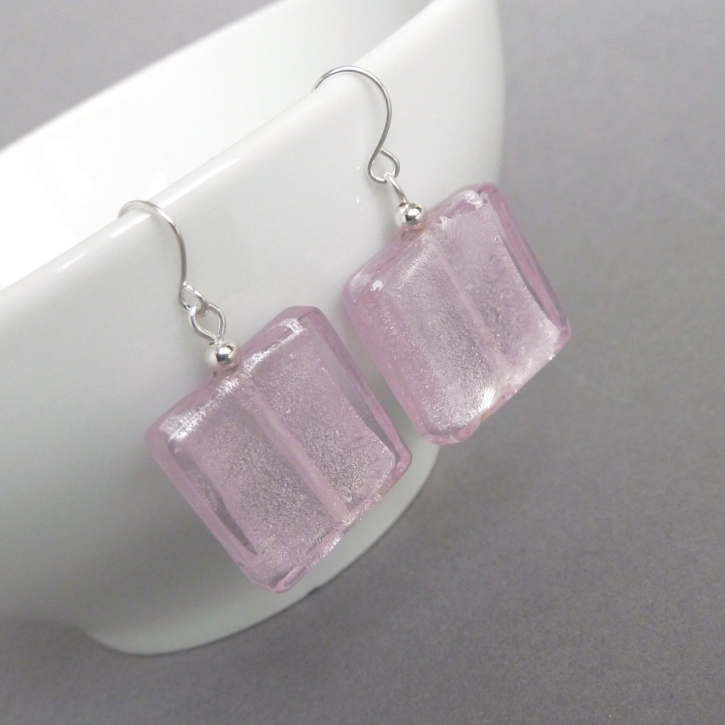 Baby pink square dangle earrings
