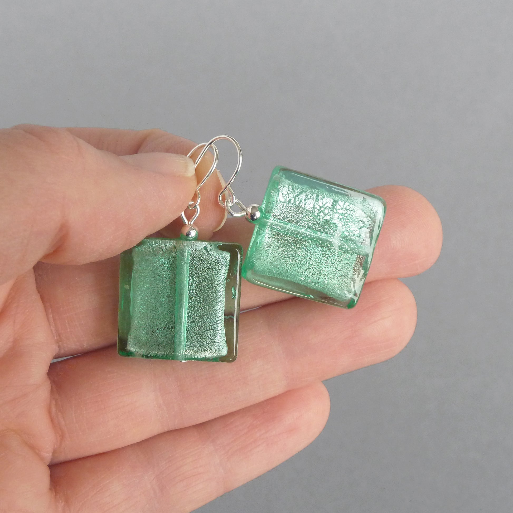 Big turquoise square glass earrings
