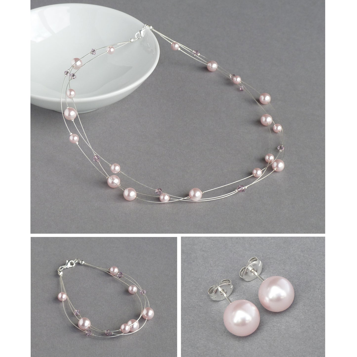 Blush pink floating pearl jewellery set by Anna King Jewellery