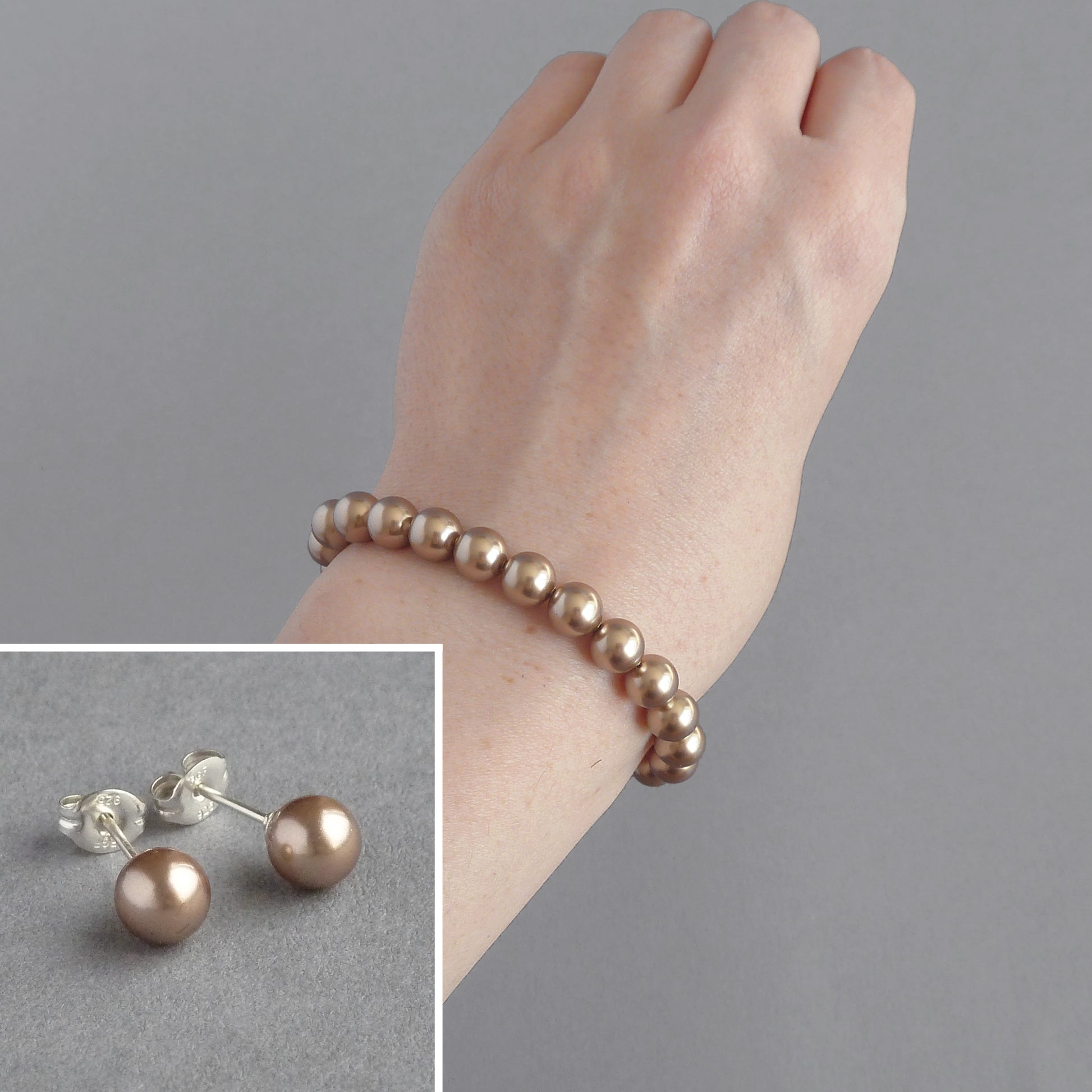 Bronze pearl bracelet and earrings set