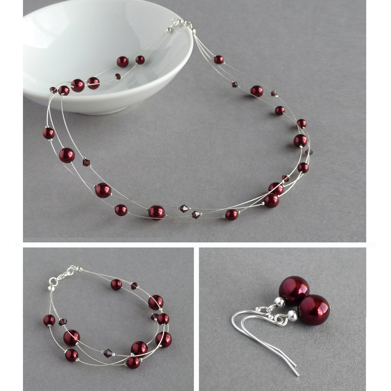 Burgundy floating pearl jewellery set by Anna King Jewellery