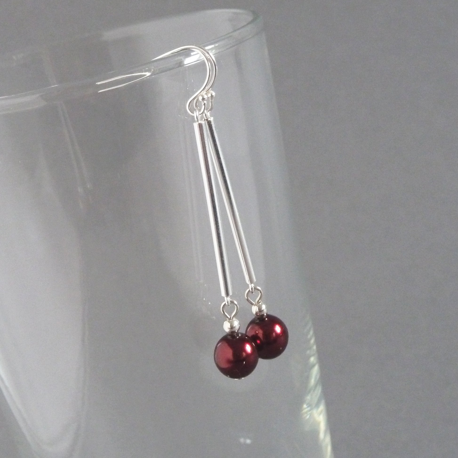 Burgundy pearl and Sterling silver bar earrings