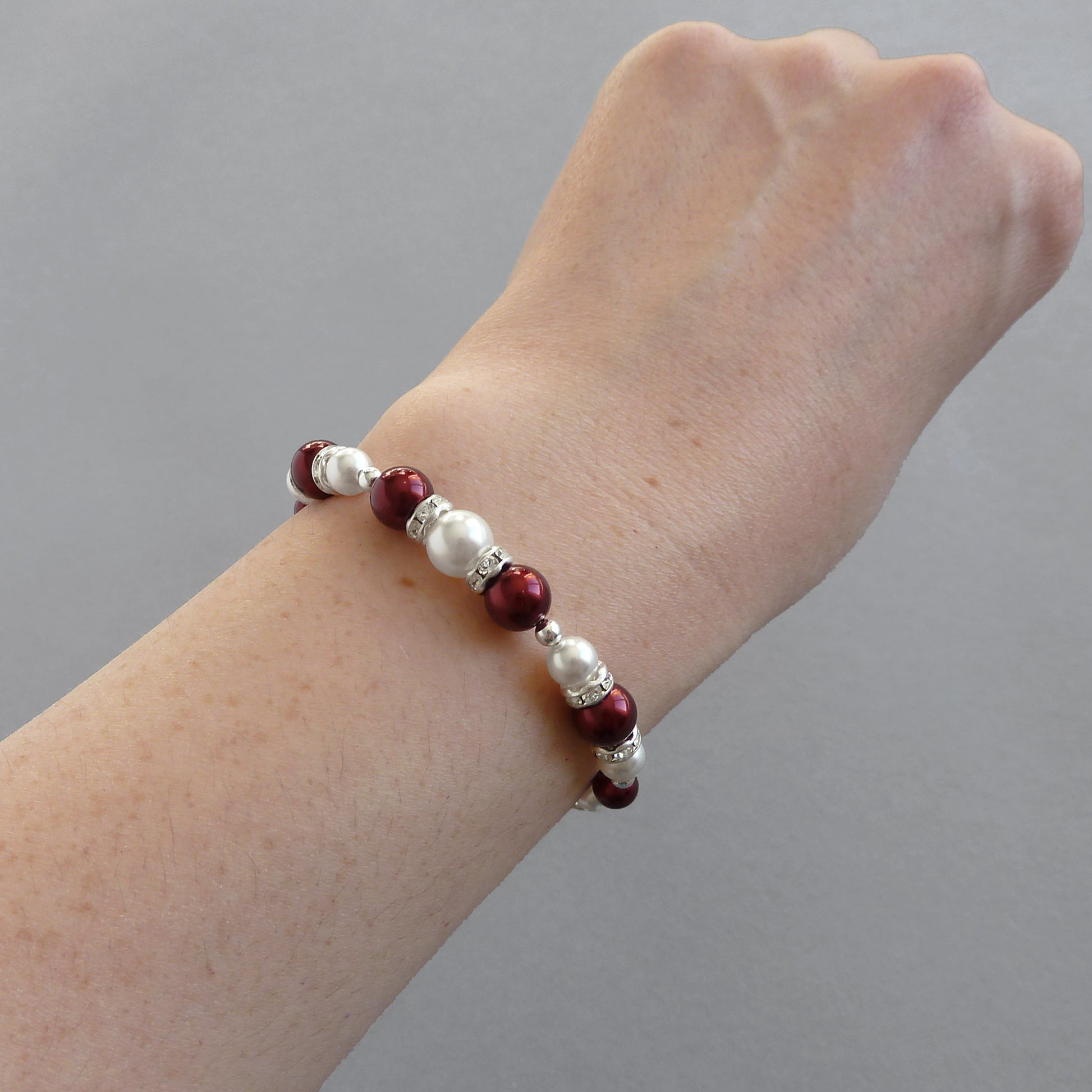 Burgundy Pearl and Crystal Bracelet Dark Red and White