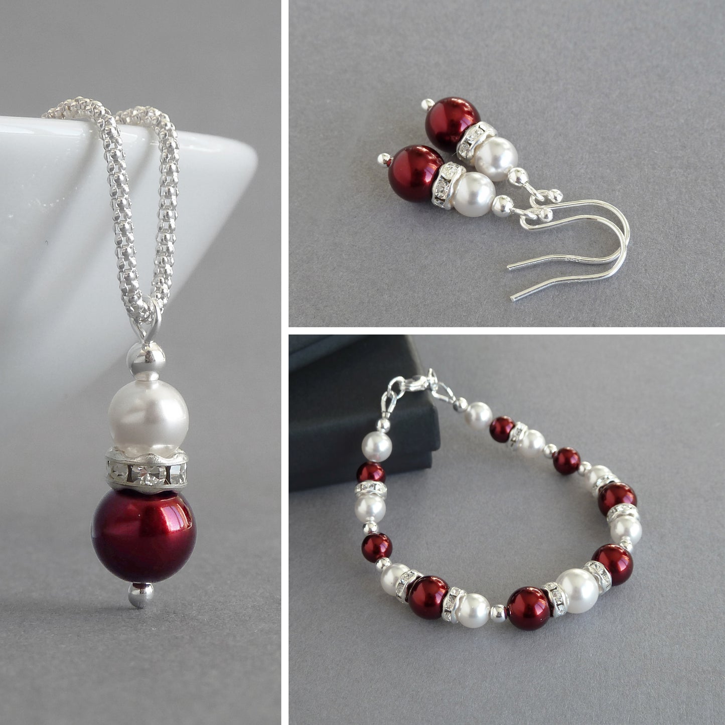 Burgundy pearl and crystal jewellery sets