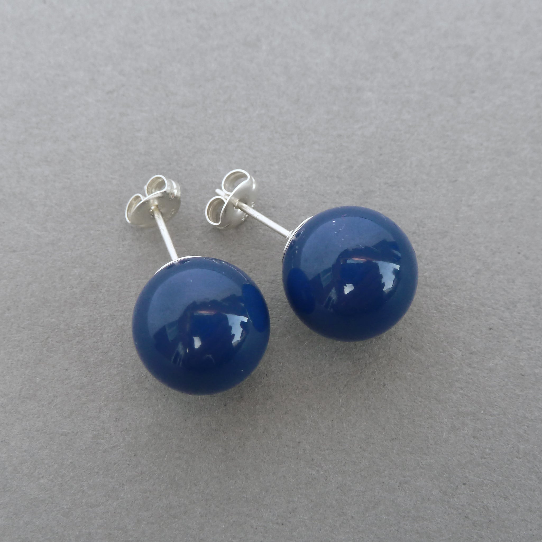 12mm Cobalt Blue Glass Pearl Studs Large Round Dark Blue Stud Earrings