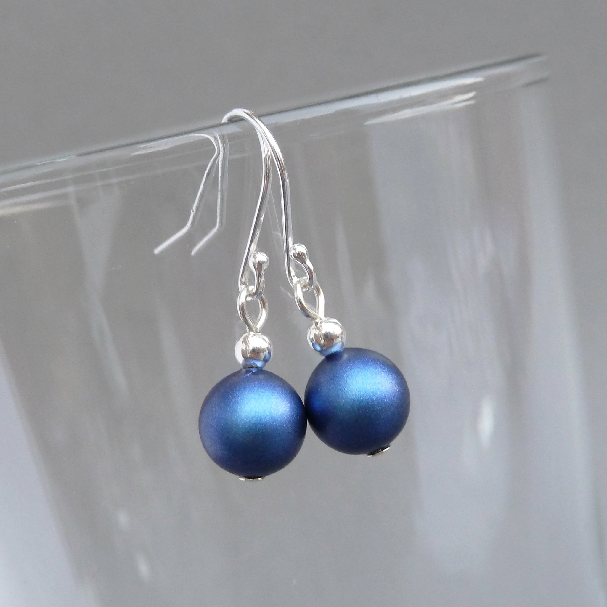 Simple Iridescent Dark Blue Pearl Dangle Earrings Everyday