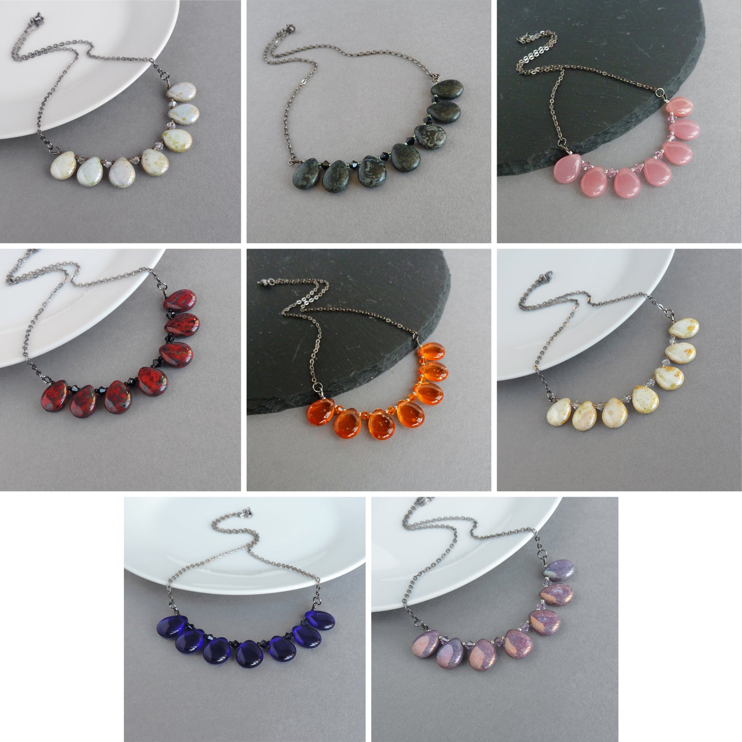 Colourful teardrop necklaces