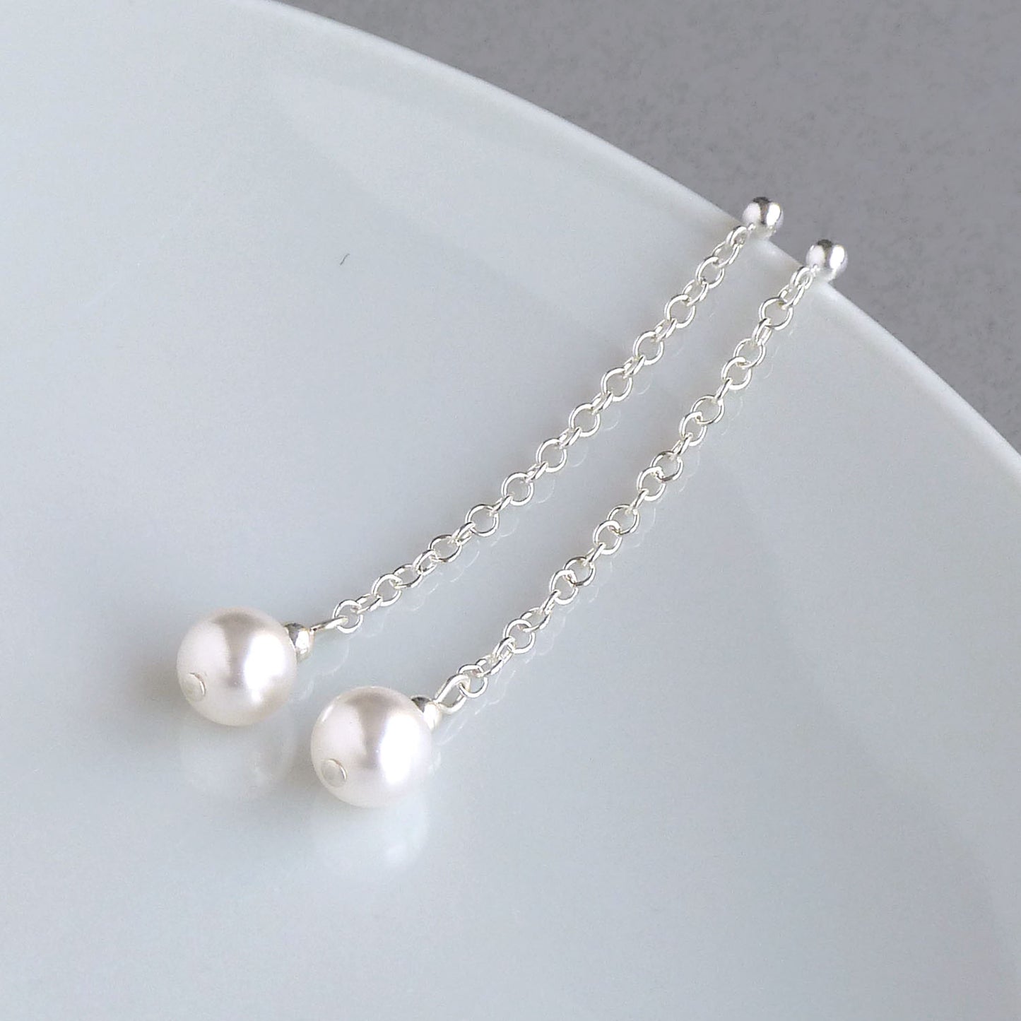 Dainty white pearl bridal earrings