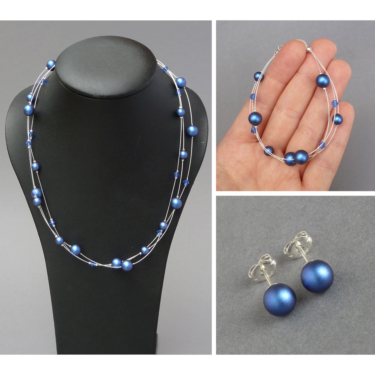 Dark blue floating pearl jewellery set